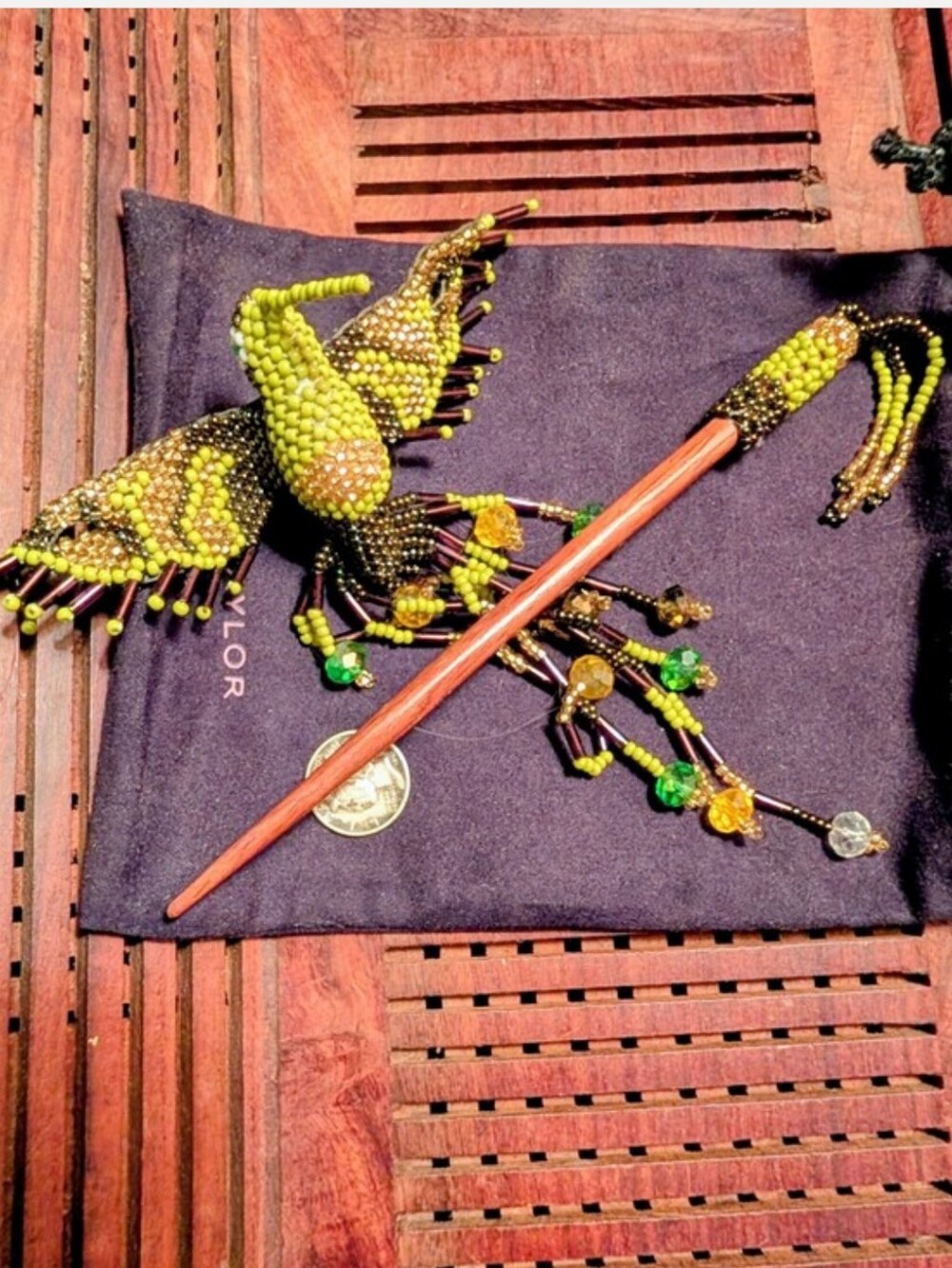 Beaded Green Hummingbird Hair Stick Accessory